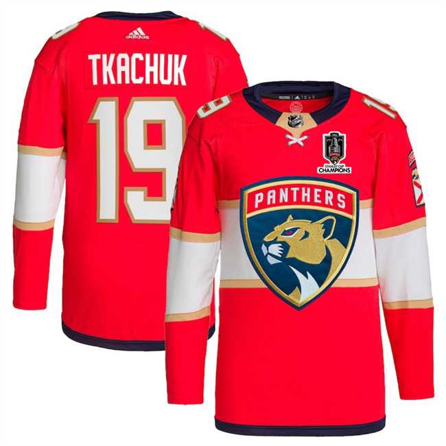 Mens Florida Panthers #19 Matthew Tkachuk Red Home 2024 Stanley Cup Champions Stitched Jersey Dzhi